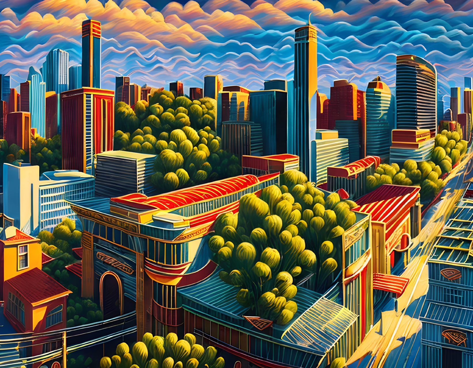 Futuristic city painting with undulating buildings and greenery