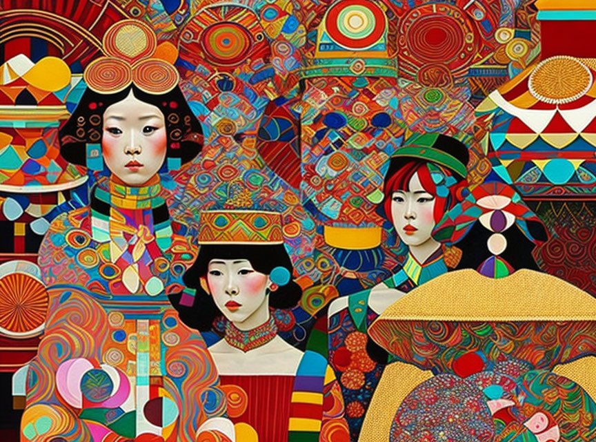 Colorful artwork featuring three stylized female figures in traditional attire and intricate patterns.