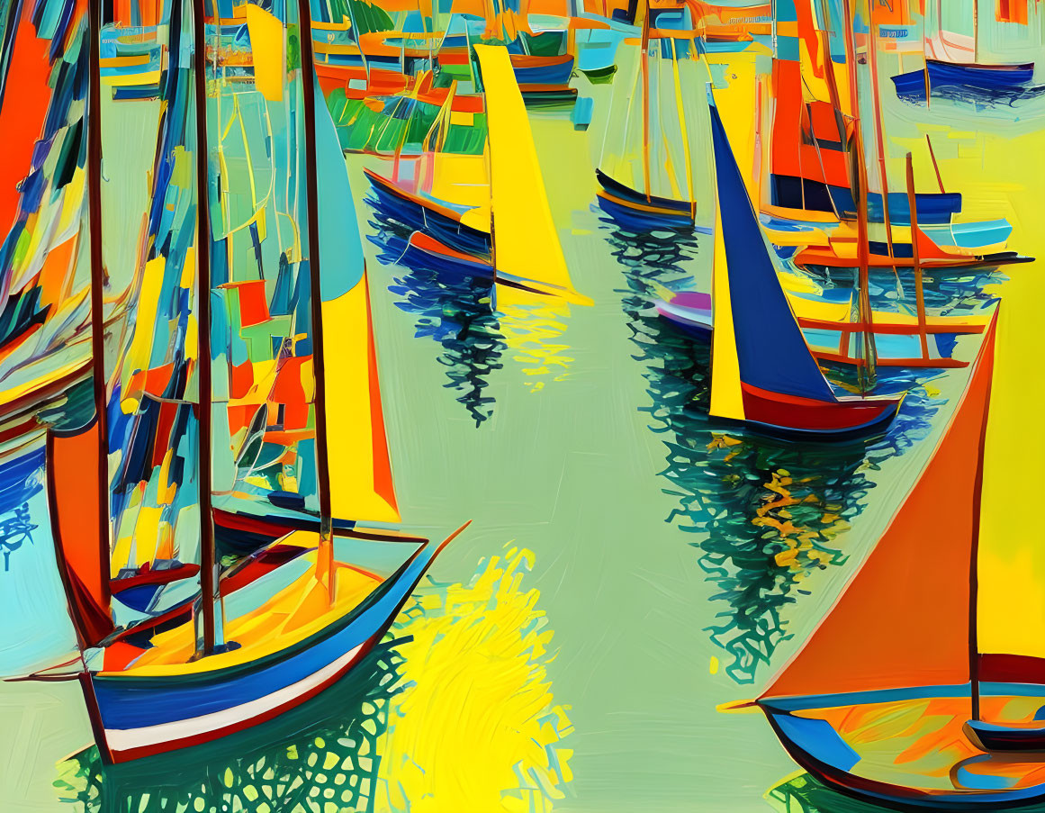 Vibrant sailboats in colorful abstract painting.