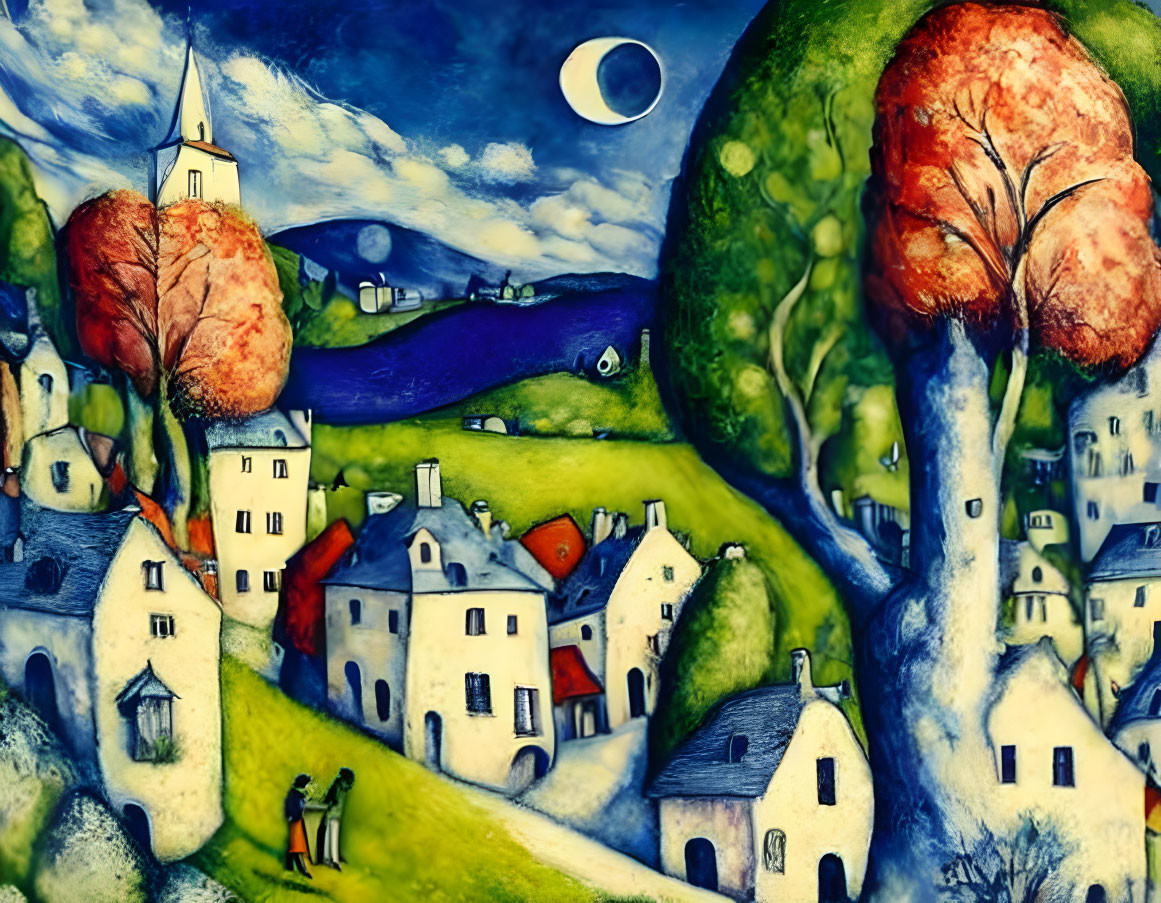 Whimsical village painting with white houses and moonlit sky