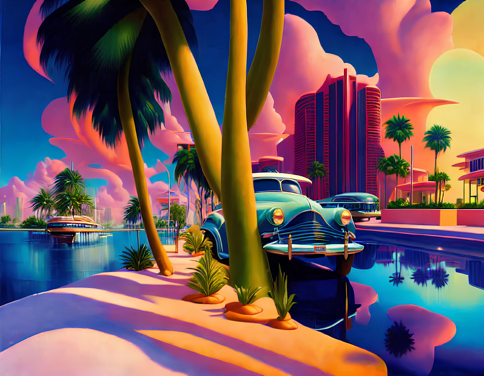 Retro-themed illustration of classic car and palm trees by waterfront