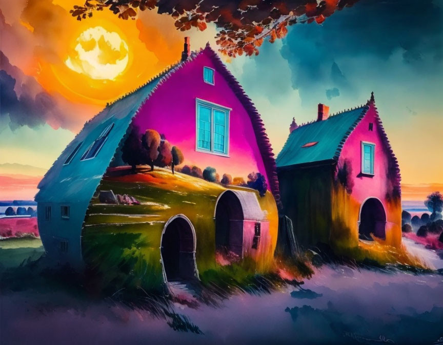 Colorful painting of whimsical houses under sunset sky