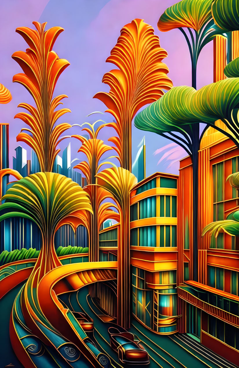 Colorful surreal cityscape with tree-like structures and train.