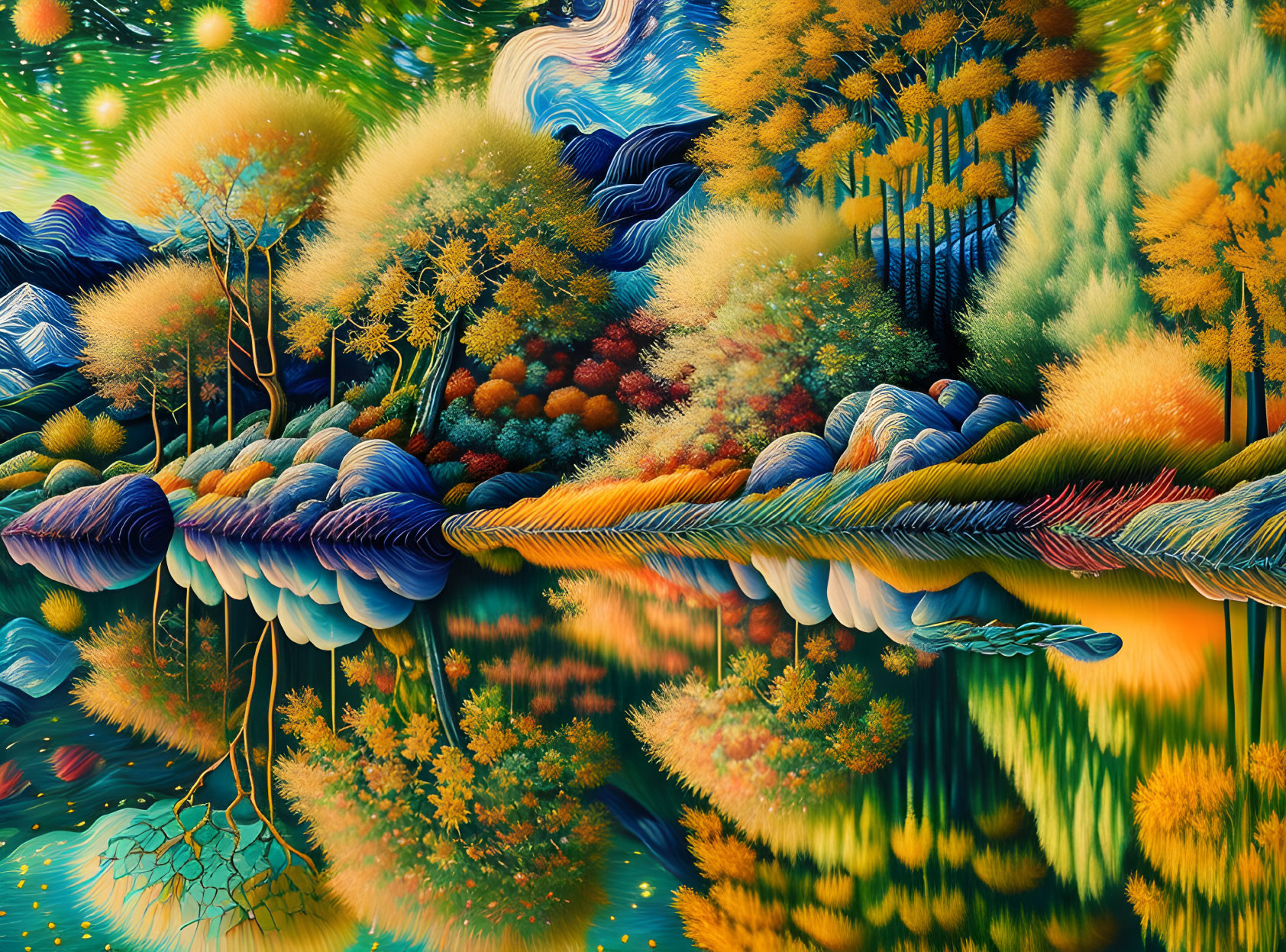 Colorful Landscape Painting with Whimsical Trees and Reflective Lake