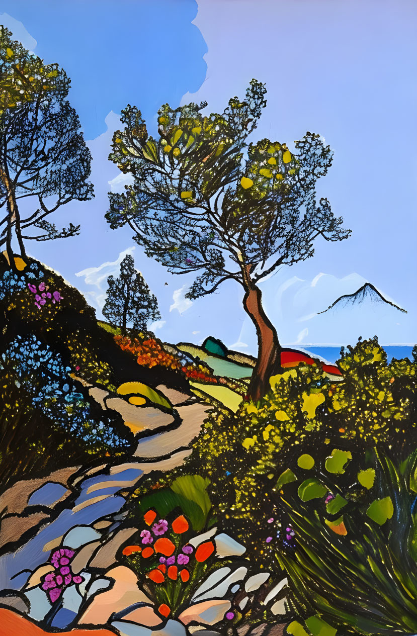 Colorful Flower Pathway Painting with Mountain View