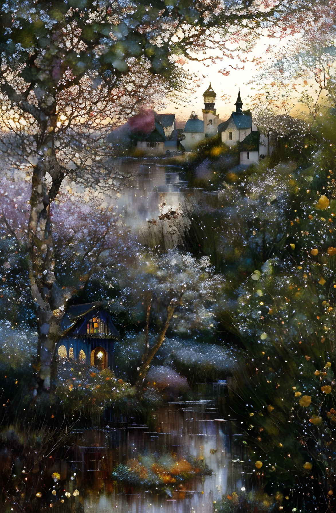 Enchanting landscape with blossoming trees, river, cottage, and distant castle at twilight