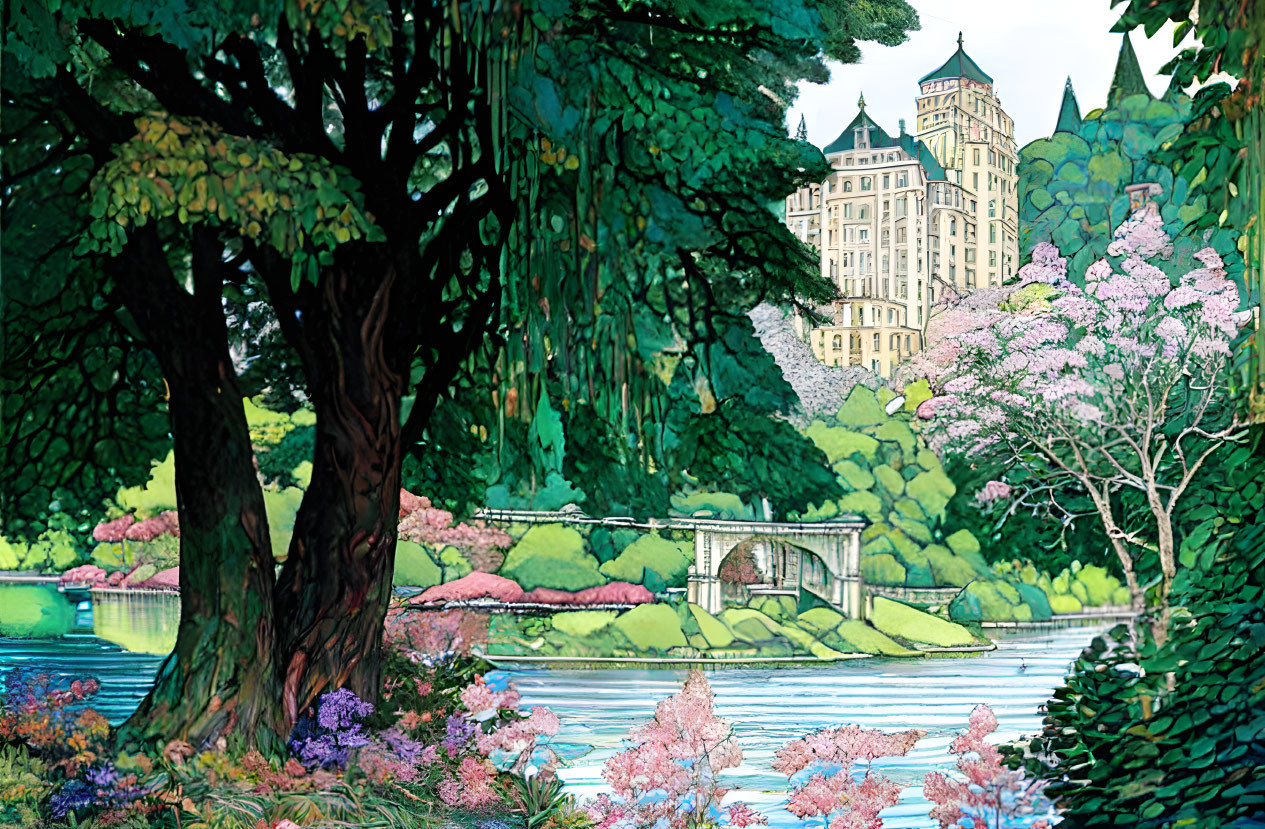 Serene park illustration with castle, lush greenery, blossoms, and river