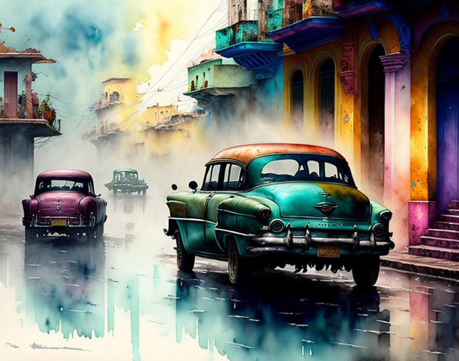 Classic Cars Amid Colorful Buildings on Wet Street