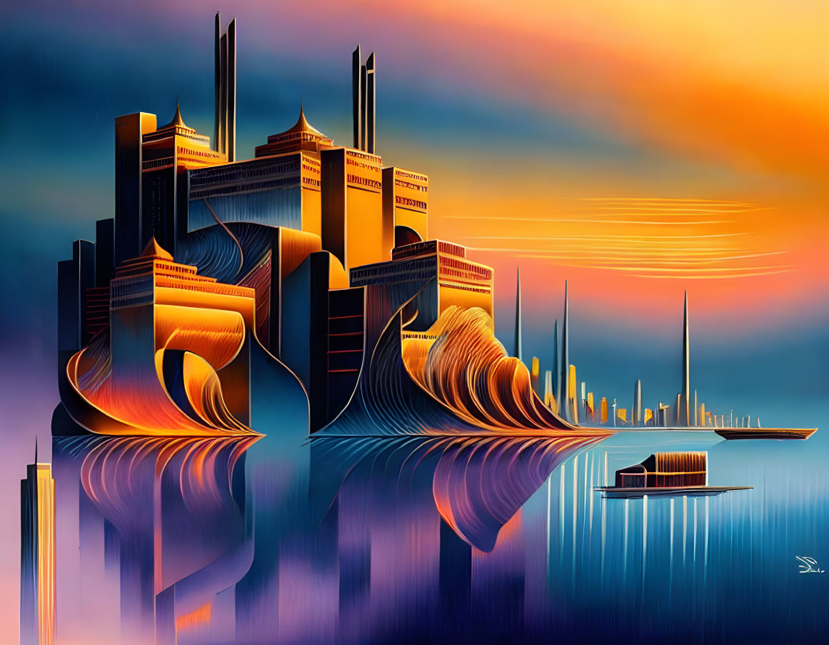 Stylized futuristic cityscape on water with gradient sky