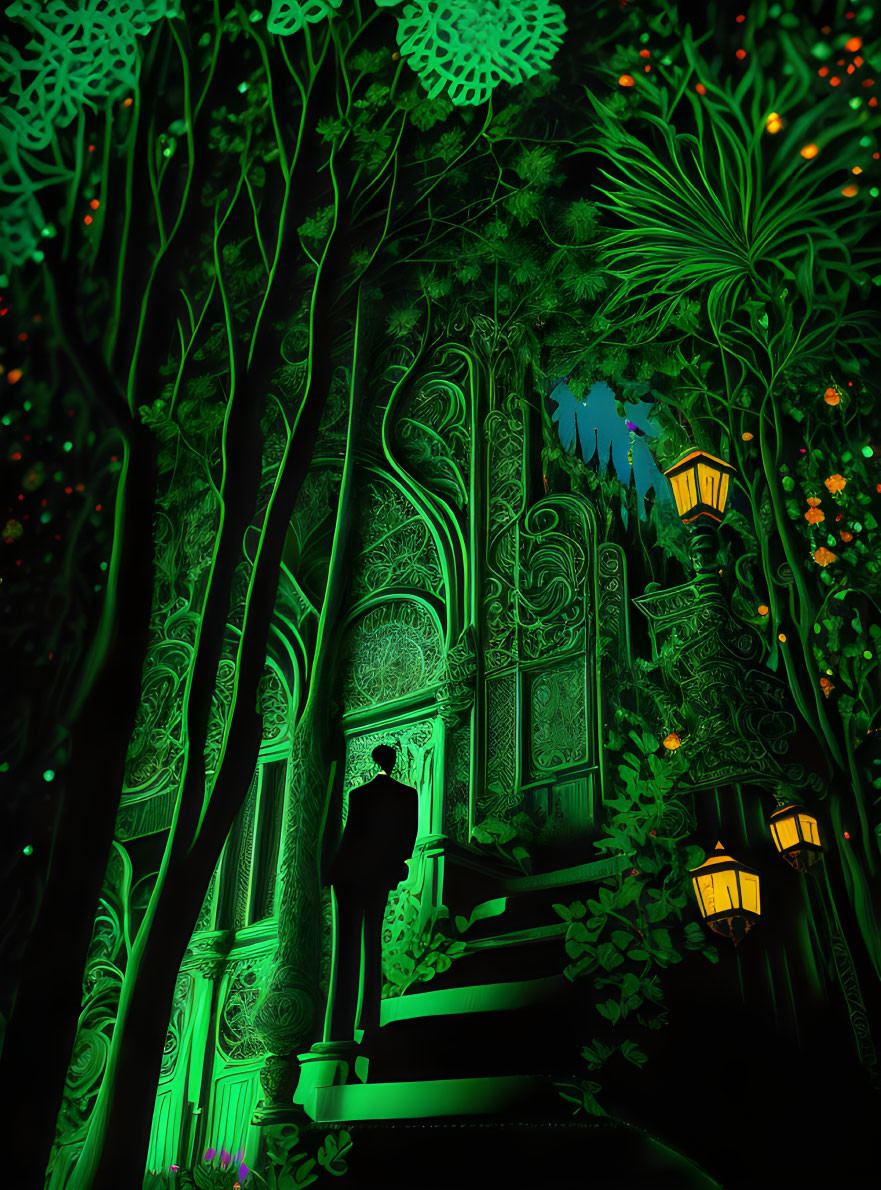 Silhouette of person at ornate door in vibrant green forest with intricate tree patterns