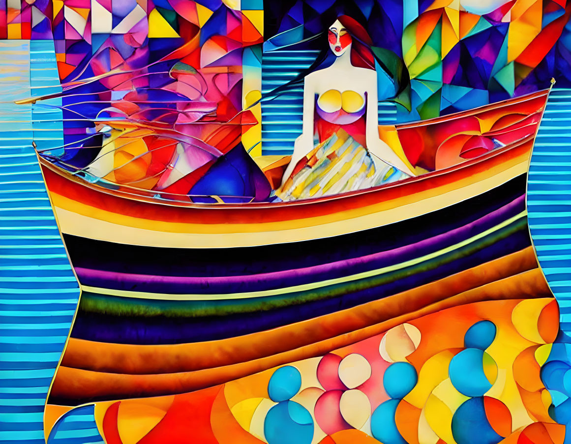 Vibrant abstract painting of woman with red scarf in boat