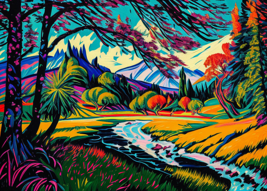 Colorful Landscape Painting: River, Mountains, Trees, Vivid Sky