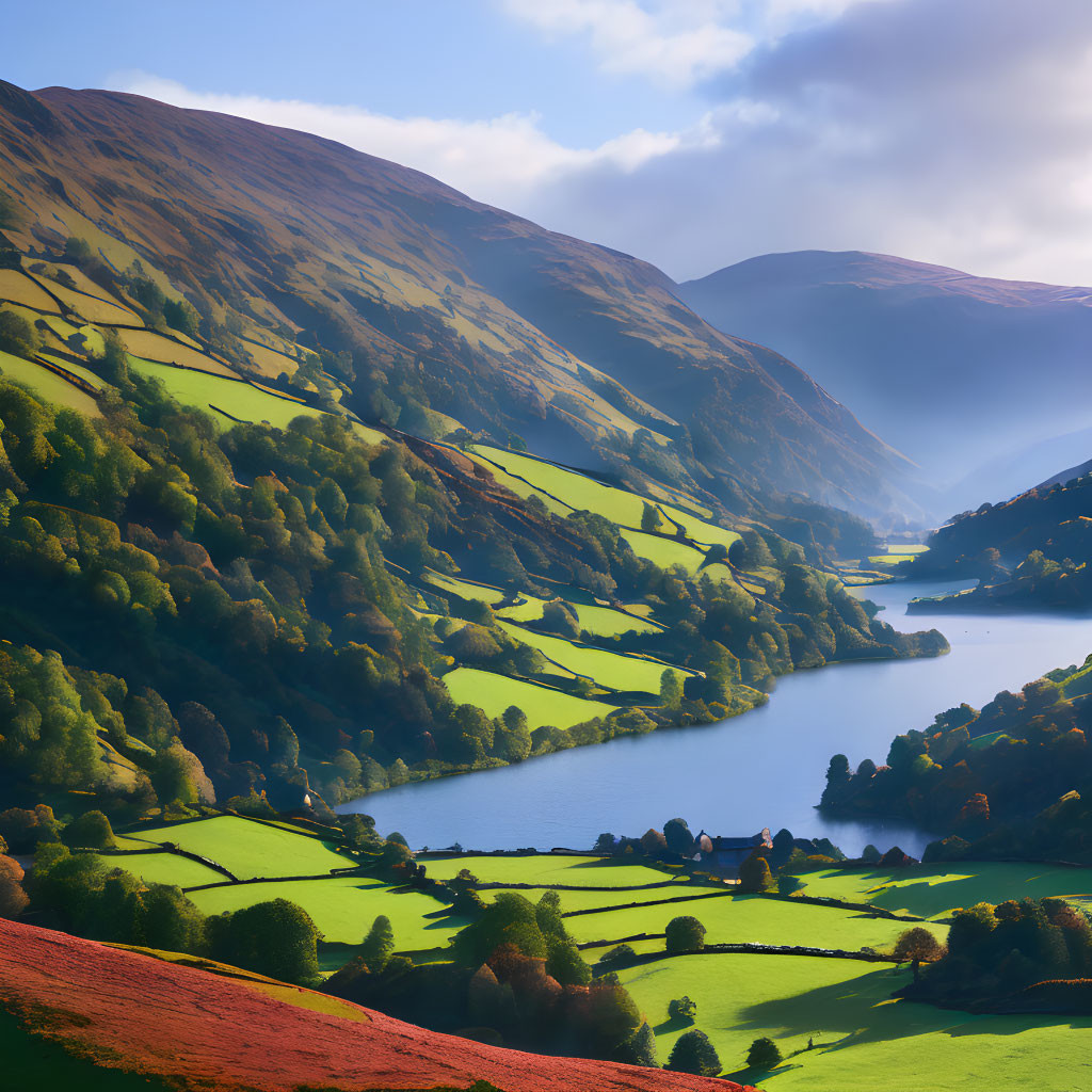 Tranquil landscape: valley, river, green fields, trees, hills, blue sky