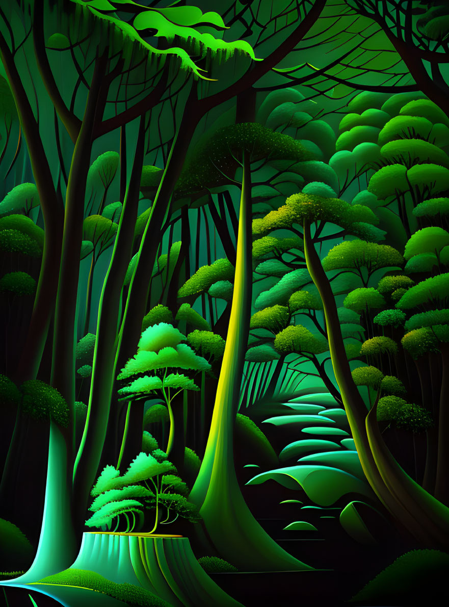 Stylized forest with glowing green and yellow trees against dark background