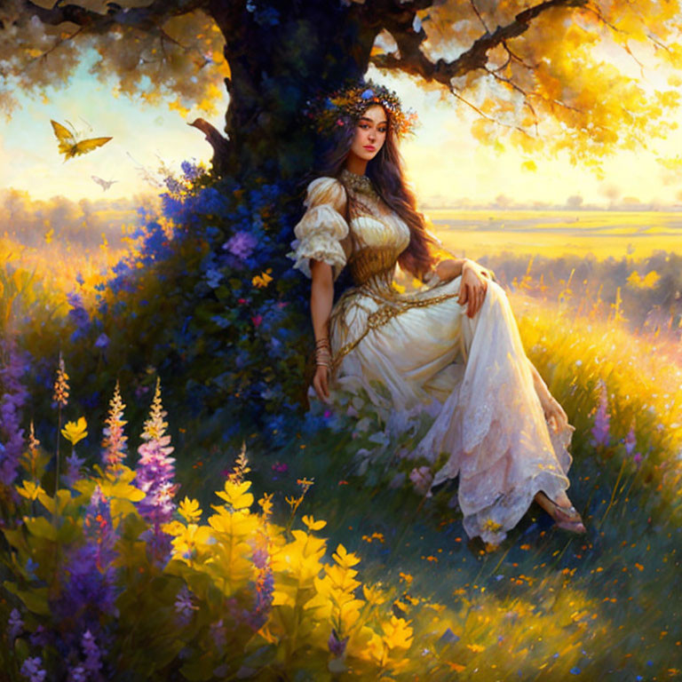 Woman in vintage dress under tree in vibrant meadow at sunset with butterfly