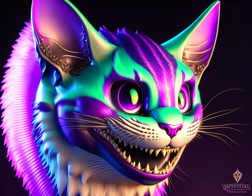 Fantastical Neon Purple and Blue Cat Art with Oversized Head