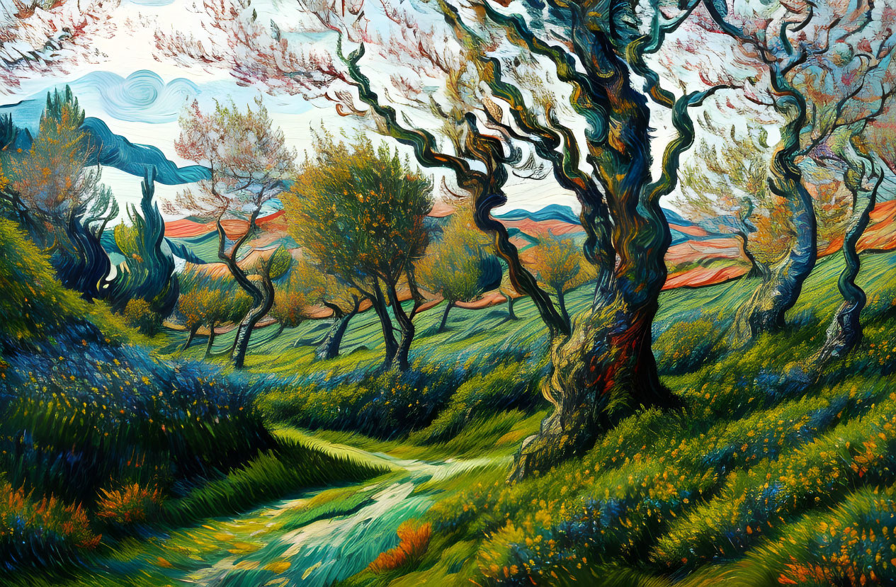 Colorful landscape painting: twisted trees, path, rolling hills under blue sky.