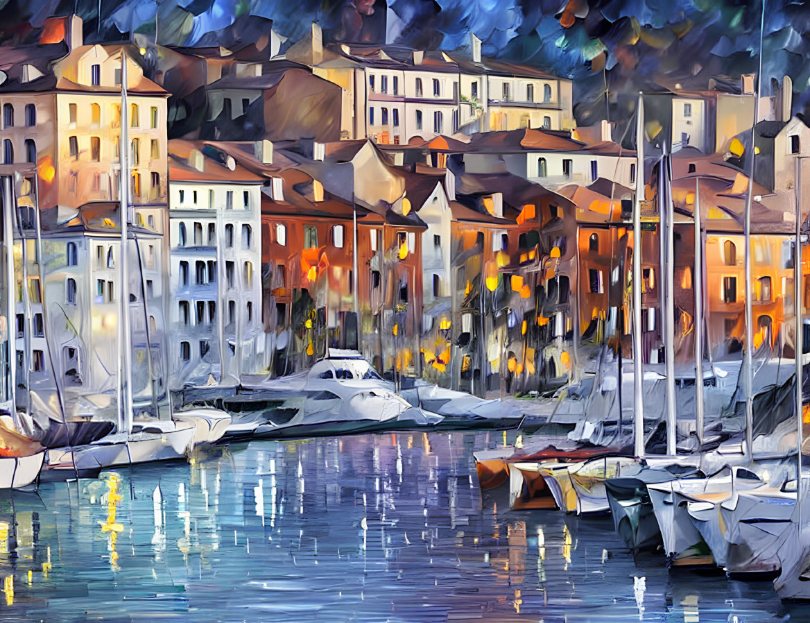 Colorful impressionistic painting of marina with boats, illuminated buildings, and reflective water.