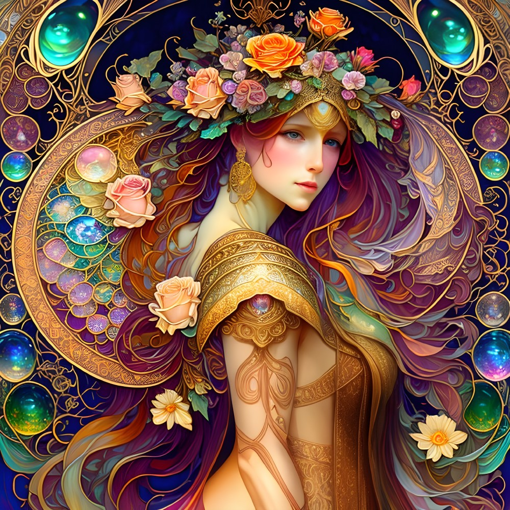 Illustrated woman with purple hair, floral wreath, and Celtic designs