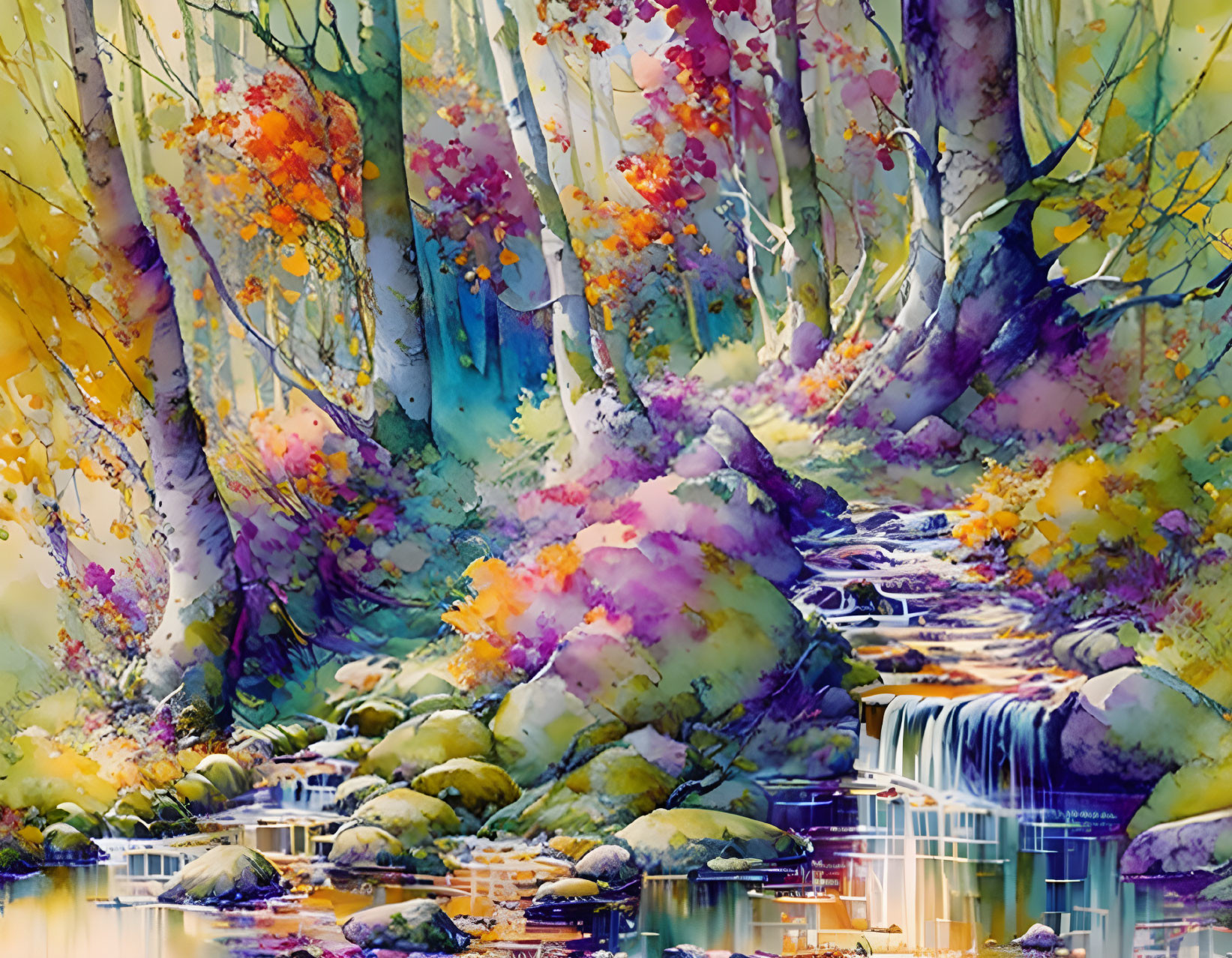 Colorful Watercolor Forest Scene with Stream and Waterfall