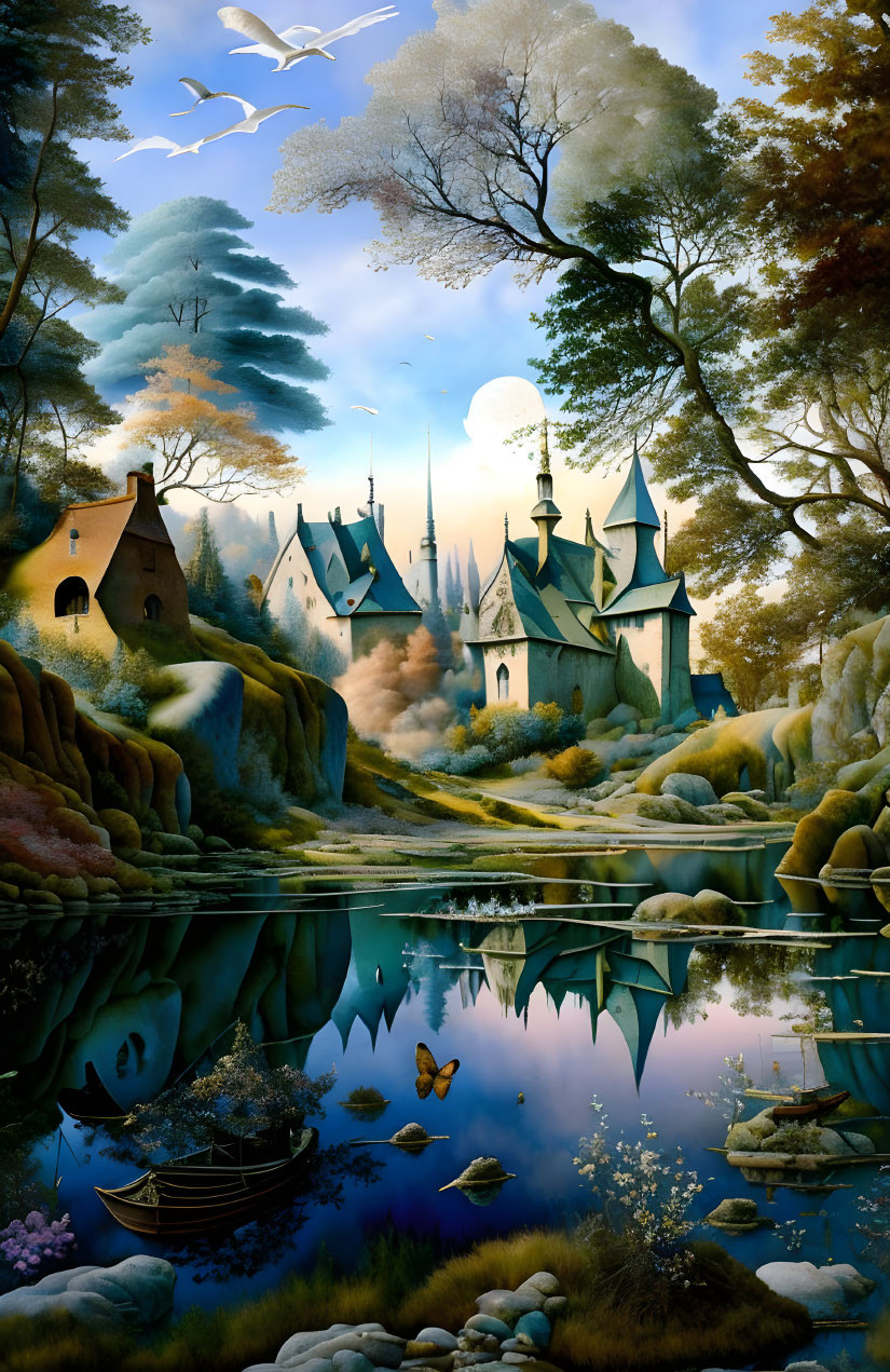 Tranquil fantasy landscape with castle, rowboat, reflective lake, lush trees, wildlife, and