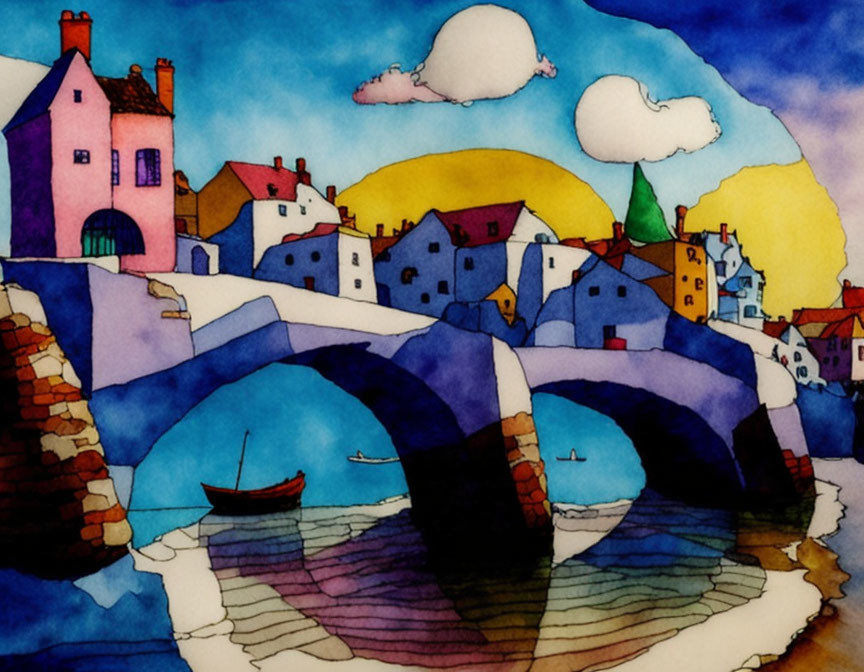 Vibrant Watercolor Painting: Quaint Village, Stone Bridge, Clouds, Boat