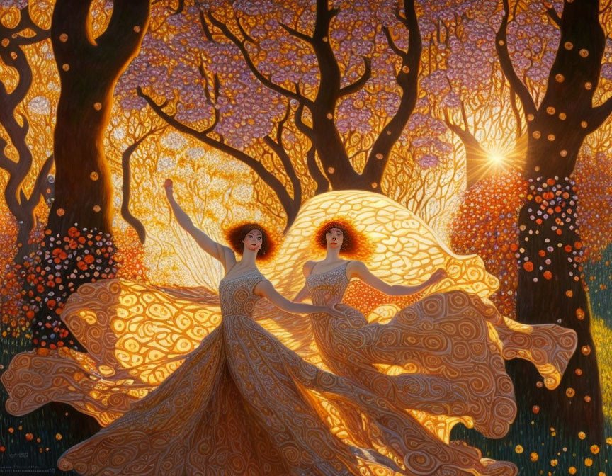 Two women in ornate yellow dresses dancing in mystical forest landscape