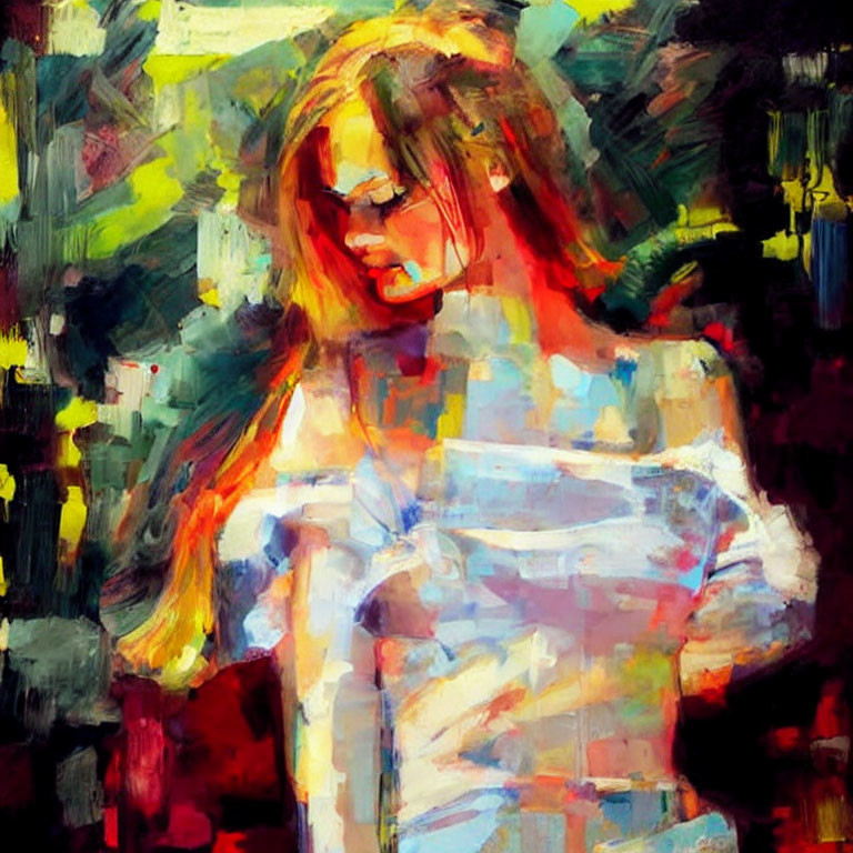 Vibrant abstract painting of a woman with flowing hair on dark background