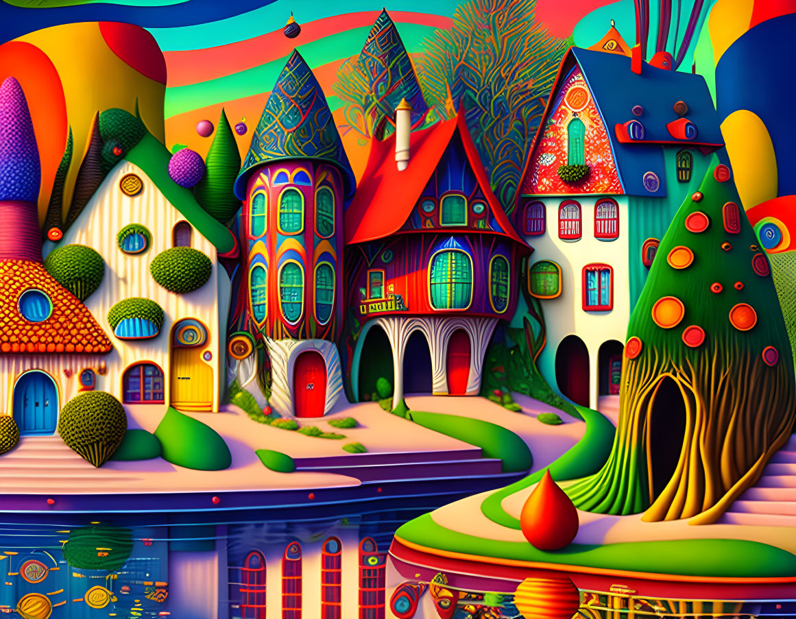 Whimsical illustration of vibrant village with quirky houses