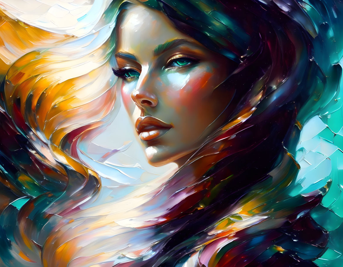 Colorful digital painting of woman with flowing hair in glossy finish