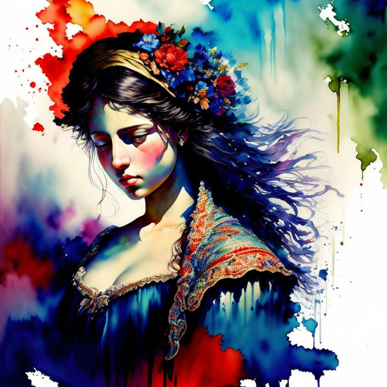 Vivid watercolor-style portrait of a woman with floral hair, showcasing melancholic expression