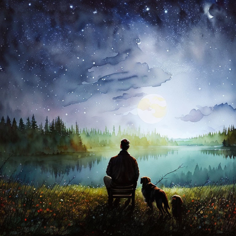 Person and dog on bench by lake under starry night sky with full moon.