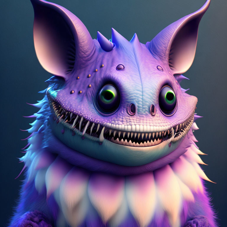 Purple whimsical fantasy creature with big eyes, pointy ears, and wide smile on dark background