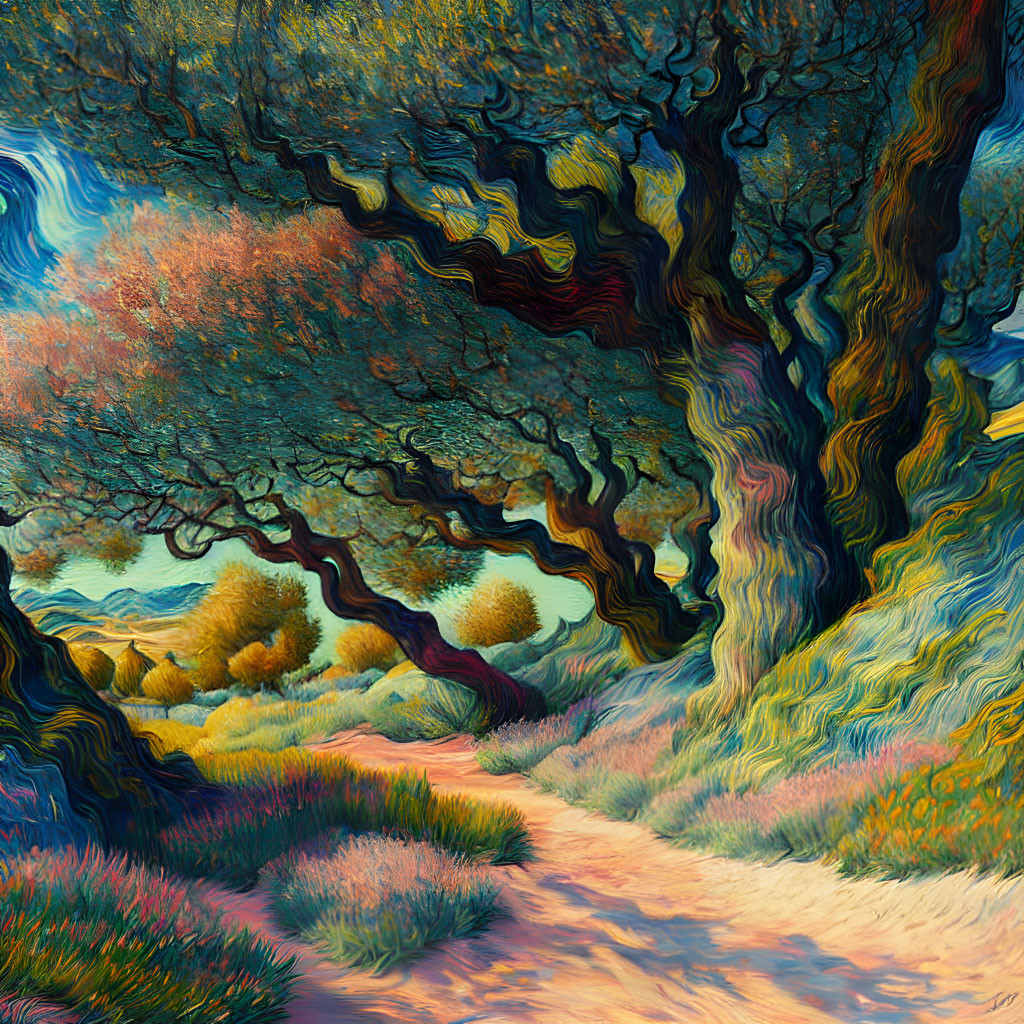 Colorful Stylized Landscape with Curving Trees and Path through Vibrant Terrain