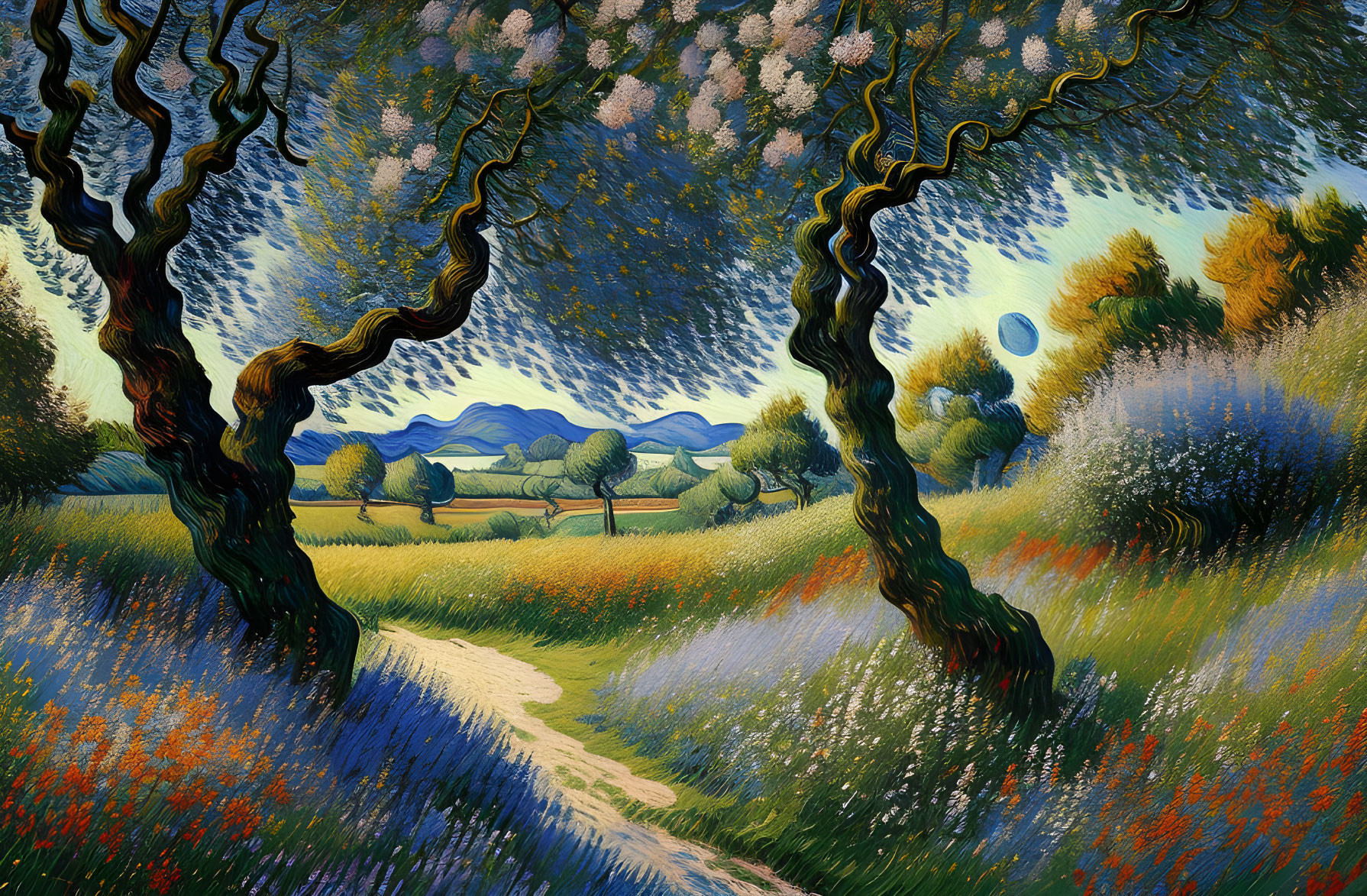 Colorful landscape painting with swirling patterns, twisted trees, winding path, and mountain backdrop