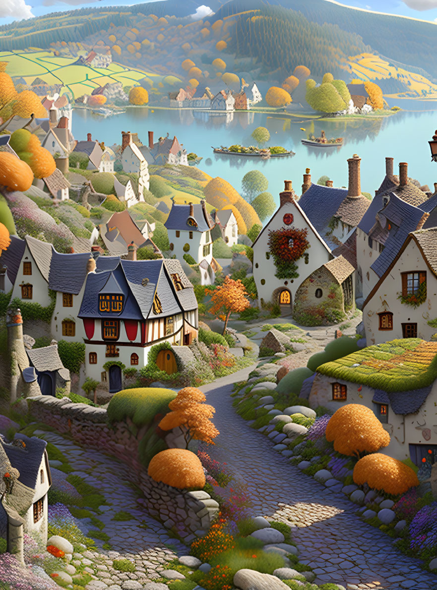 European Village: Cozy Cottages, Cobblestone Paths, River, Trees in Golden Sun