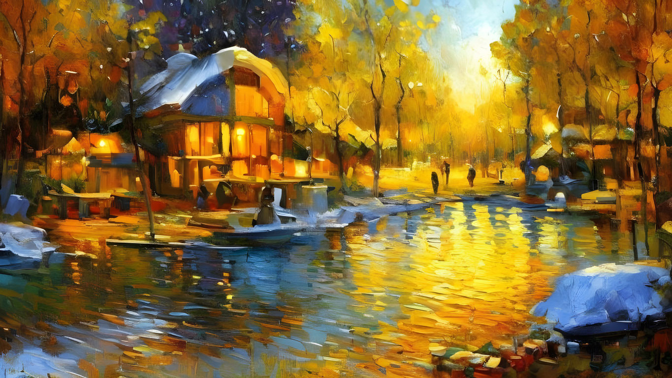 Autumn riverside house oil painting with warm lights and golden foliage