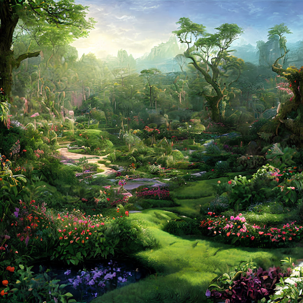 Vibrant fantasy garden with blooming flowers and pond