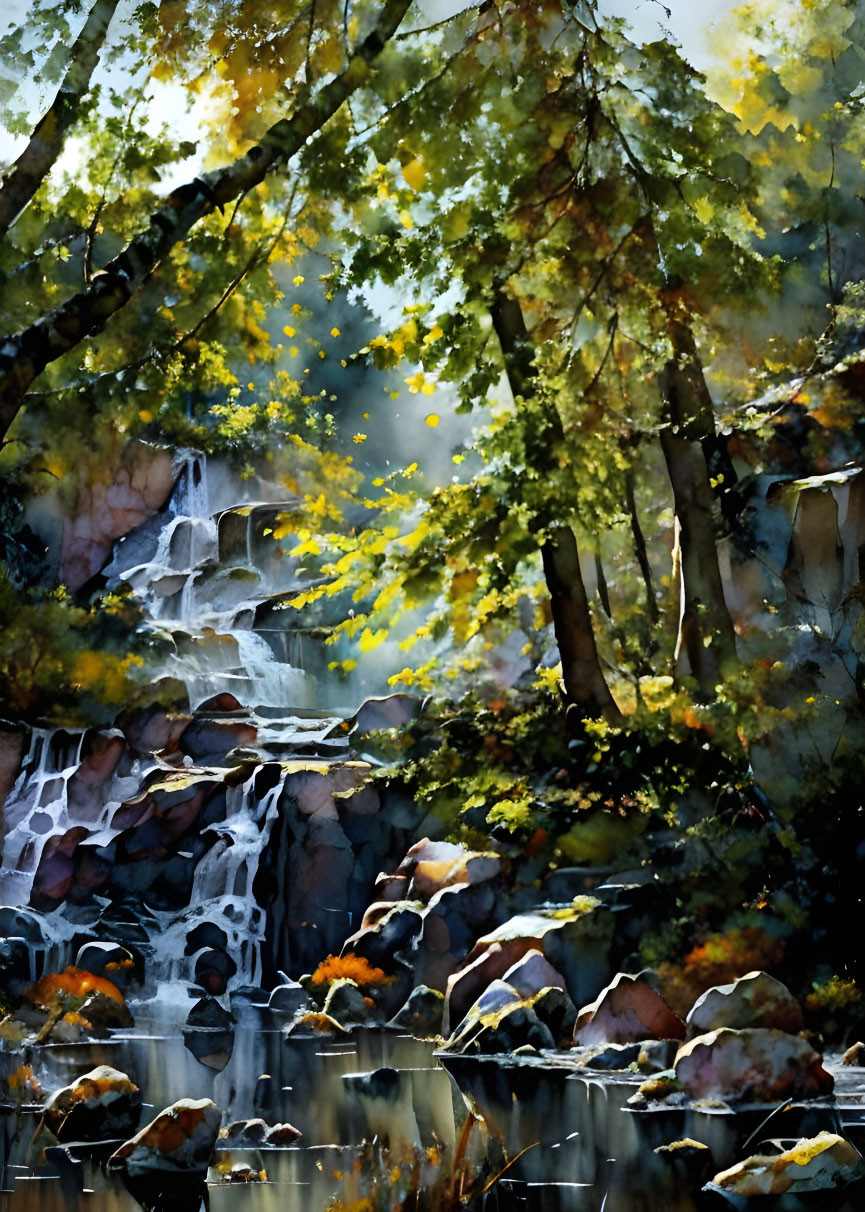 Autumn waterfall with sunlight filtering through trees