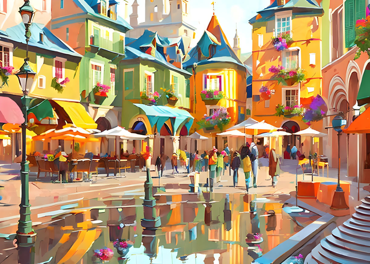 Vibrant European-style square with bustling scene and colorful buildings