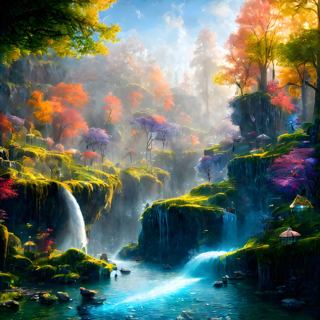 Colorful fantasy landscape with waterfalls and blue river