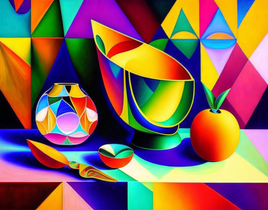 Colorful Abstract Still-Life Painting with Geometric Shapes, Bowl, Vase, Spoon, and Fruit