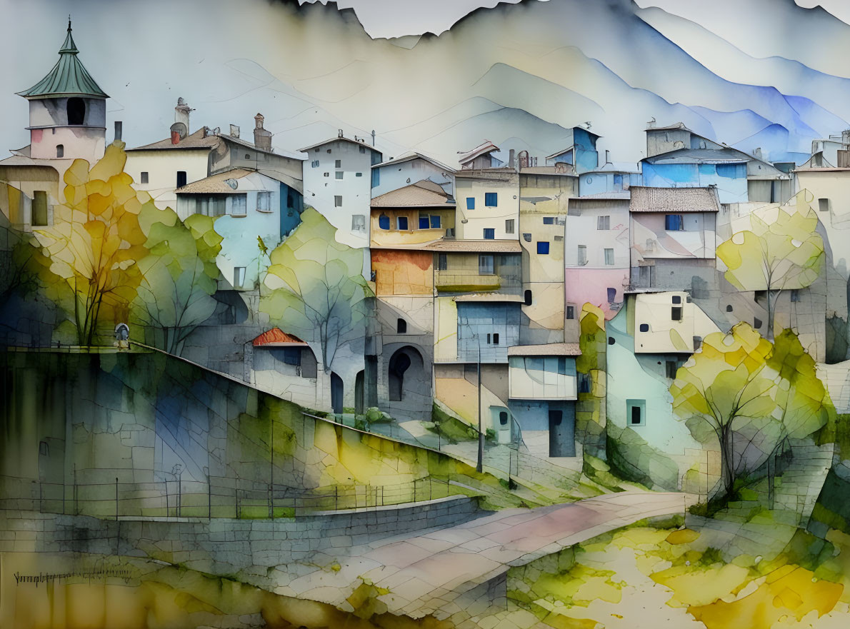 Colorful watercolor painting of a quaint village with cobblestone path and mountains.