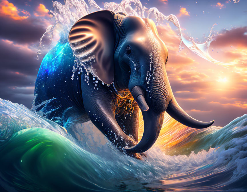 Majestic elephant in ocean waves at sunset with glistening water droplets