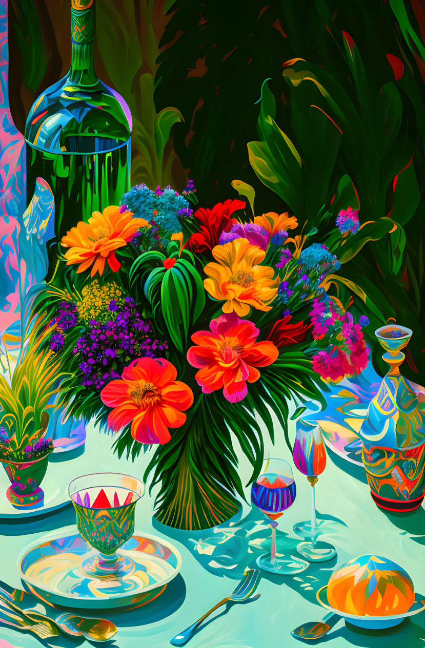 Colorful Still Life: Bouquet of Flowers, Table Setting, Wine Bottle