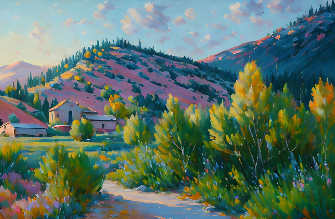 Pastoral oil painting: golden trees, quaint houses, rolling hills, pink clouds