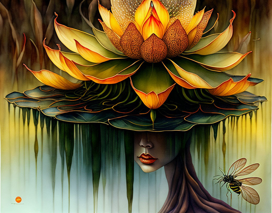 Surreal illustration of woman with lotus flower hat and bee on warm background