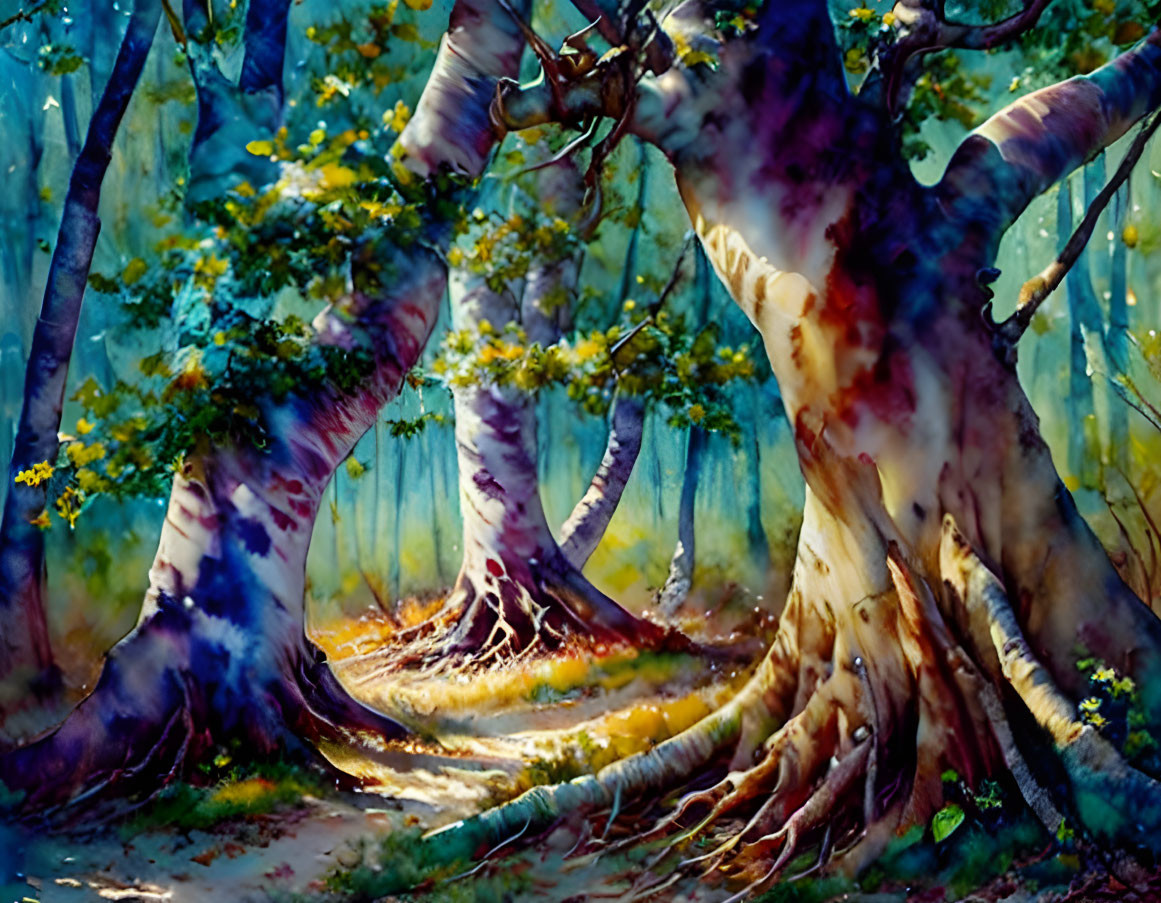 Fantasy forest with purple and white trees and mysterious path