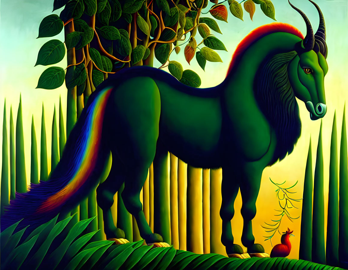 Vibrant surreal illustration of green mythical horse in rainbow forest