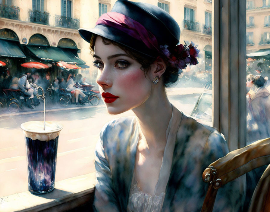 Woman in stylish hat at café with drink, gazing at bustling street